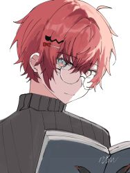 Rule 34 | 1boy, ahoge, alternate hairstyle, artist name, book, bow, glasses, grey sweater, hair between eyes, hair bow, hair ornament, hairclip, highres, holding, holding book, holostars, holostars english, light smile, looking at viewer, machina x flayon, male focus, red eyes, red hair, sidelocks, slit pupils, somnimuu, sweater, turtleneck, turtleneck sweater, upper body, virtual youtuber, white background