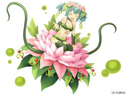 Rule 34 | 1girl, ^ ^, arm support, arm warmers, bare shoulders, blush, bra, chiruchiru (monmusume-harem), choker, closed eyes, collarbone, company name, eyebrows, flower, green bra, green hair, green panties, hair flower, hair ornament, head wreath, highres, lotus, markings, monmusu-harem, monmusu harem, monmusume-harem, monster girl, namaru (summer dandy), navel, official art, open mouth, outstretched hand, panties, plant, plant girl, pointy ears, short hair, short twintails, simple background, sitting, smile, solo, tattoo, thighhighs, twintails, underwear, vines, white background