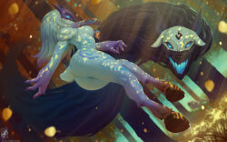Rule 34 | 1girl, animal ears, artist name, ass, blue eyes, body fur, body markings, colored skin, completely nude, dated, forest, from behind, furry, furry female, glowing, glowing eyes, grass, grey fur, grey skin, highres, hooves, kindred (league of legends), lamb (league of legends), league of legends, mask, nature, nude, open mouth, outdoors, petals, sheep ears, sheep tail, signature, tail, themaestronoob, wolf (league of legends)