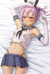 Rule 34 | 1girl, alternate eye color, anger vein, bad id, bad pixiv id, bare shoulders, black panties, blush, cosplay, cowboy shot, elbow gloves, gloves, hair ornament, hairband, kantai collection, kurione (zassou), miniskirt, navel, panties, personification, pink hair, shimakaze (kancolle), shimakaze (kancolle) (cosplay), shiranui (kancolle), short hair, skirt, sleeveless, solo, stomach, underwear, white gloves