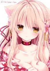Rule 34 | 1girl, animal ears, artist name, bare shoulders, blonde hair, blush, breasts, cat ears, cleavage, collar, collarbone, commentary request, floral print, flower, hair flower, hair ornament, hair ribbon, head tilt, japanese clothes, kimono, large breasts, long hair, looking at viewer, nanase kureha, nanase nao, off shoulder, original, parted lips, print kimono, red collar, red kimono, red ribbon, ribbon, simple background, solo, studded collar, tsurime, twitter username, white background, yellow eyes