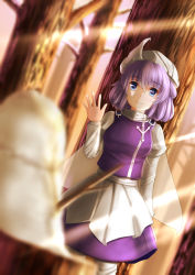 Rule 34 | 1girl, apron, blue eyes, blurry, breasts, cape, closed mouth, cowboy shot, depth of field, hat, juliet sleeves, letty whiterock, light purple hair, long sleeves, looking at viewer, luke (kyeftss), medium breasts, mob cap, outdoors, puffy sleeves, purple skirt, purple vest, short hair, skirt, skirt set, smile, snow, solo, sunlight, touhou, tree, vest, waist apron