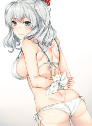 Rule 34 | 10s, 1girl, arms behind back, ass, bikini, blue eyes, blush, bound, bound wrists, breasts, butt crack, embarrassed, hair tie, highres, kantai collection, kashima (kancolle), large breasts, long hair, looking back, rinarisa, side-tie bikini bottom, sideboob, silver hair, simple background, skindentation, solo, swimsuit, twintails, underwear, white background, white bikini