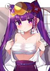 Rule 34 | 1girl, blunt bangs, blush, bow, breasts, chest sarashi, closed mouth, flower, hair flower, hair ornament, headpiece, highres, long hair, looking at viewer, midriff sarashi, pleated skirt, purple eyes, purple hair, puzzle &amp; dragons, sarashi, skirt, twintails, waon (43ctw), window, yomi (p&amp;d)