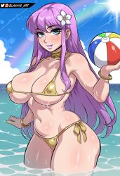 1girl arm_at_side athena_(saint_seiya) ball beach beachball bikini blannis blue_eyes blue_sky bracelet breasts collarbone covered_erect_nipples cowboy_shot day eyebrows eyelashes eyeshadow female_focus fingernails flower flower_on_head grin hand_up holding holding_ball huge_breasts jewelry kido_saori light_blush lipstick long_fingernails long_hair looking_at_viewer makeup nail_polish ocean outdoors parted_lips pink_eyeshadow pink_lips purple_hair saint_seiya side-tie_bikini_bottom sky smile solo standing sun swimsuit teeth thighs water wet white_flower wide_hips yellow_bikini yellow_nails