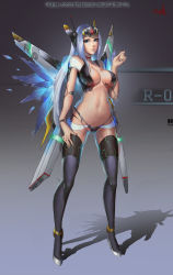 Rule 34 | 1girl, absurdres, black thighhighs, blue eyes, blue hair, breasts, cian yo, covered erect nipples, crusaders quest, full body, high heels, highres, joints, long hair, looking at viewer, mecha, mecha musume, medium breasts, navel, original, r-0, robot, robot joints, silver hair, solo, standing, thighhighs, watermark, web address