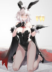 Rule 34 | 1girl, ahoge, alcohol, animal ears, bare shoulders, black footwear, black gloves, black leotard, blush, bow, breasts, champagne, cleavage, closed mouth, covered navel, cup, detached collar, drinking glass, fake animal ears, fate/grand order, fate (series), fishnet pantyhose, fishnets, gloves, high heels, highres, holding, jeanne d&#039;arc (fate), jeanne d&#039;arc alter (avenger) (fate), jeanne d&#039;arc alter (fate), kneeling, large breasts, leotard, long hair, looking at viewer, narrow waist, pantyhose, playboy bunny, prime, rabbit ears, side-tie leotard, silver hair, skindentation, solo, strapless, strapless leotard, tray, wrist cuffs, yellow eyes