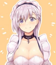 Rule 34 | 1girl, azur lane, belfast (azur lane), blush, braid, breasts, chain, cleavage, collar, french braid, hair between eyes, highres, large breasts, long hair, looking at viewer, maid, maid headdress, purple eyes, silver hair, simple background, smile, solo, sukemyon, upper body