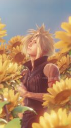 Rule 34 | 1boy, 3d, arm ribbon, bare shoulders, blonde hair, blue eyes, blue sky, blurry, blurry background, blurry foreground, closed mouth, cloud strife, day, earrings, final fantasy, final fantasy vii, final fantasy vii advent children, final fantasy vii remake, flower, highres, jewelry, light smile, looking to the side, looking up, male focus, outdoors, patreon username, popped collar, red ribbon, ria-neearts, ribbon, shirt, short hair, sky, sleeveless, sleeveless shirt, solo, spiked hair, stud earrings, sunflower, upper body, zipper