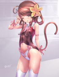 Rule 34 | 1girl, ahoge, arm behind back, arm up, black one-piece swimsuit, brown eyes, brown hair, cat tail, flower, groin, hair flower, hair ornament, hand on own face, highres, long hair, navel, one-piece swimsuit, open mouth, original, pointy ears, ribbon, smile, solo, swimsuit, tail, thighhighs, tougetsu gou, twintails, white thighhighs