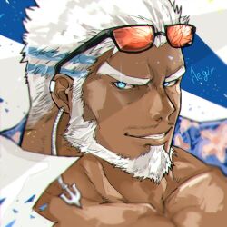 Rule 34 | 1boy, aegir (housamo), anchor earrings, aqua hair, bara, beard, blue background, blue eyes, character name, commentary request, dark-skinned male, dark skin, earrings, eyewear on head, facial hair, glowing, glowing eye, grin, hiraga0613, jewelry, male focus, mature male, multicolored hair, muscular, muscular male, mustache, open clothes, open shirt, parted lips, portrait, short hair, single earring, smile, solo, streaked hair, sunglasses, thick eyebrows, tokyo houkago summoners, two-tone background, white background, white hair