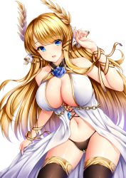 Rule 34 | 1girl, azur lane, bare shoulders, black panties, black thighhighs, blonde hair, blue eyes, blush, breasts, cleavage, dress, eyes visible through hair, gem, hair ornament, hand up, highres, holding, holding clothes, holding dress, large breasts, laurel crown, leaning forward, long hair, looking at viewer, navel, o-ring, open mouth, panties, ribbon, shiny skin, sleeveless, smile, solo, stomach, thighhighs, thighs, underwear, veil, very long hair, victorious (azur lane), wrist ribbon, wsman
