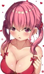 Rule 34 | 1girl, bare arms, bare shoulders, bikini, blush, bow, breasts, cleavage, collarbone, commentary request, hair between eyes, hair ornament, hair scrunchie, heart, highres, large breasts, original, parted lips, pink hair, purple eyes, red bikini, red bow, red scrunchie, scrunchie, simple background, solo, swimsuit, takapii, twintails, upper body, white background