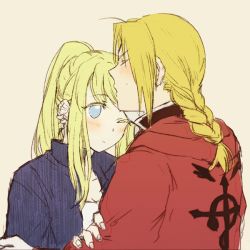 Rule 34 | 1boy, 1girl, ;|, antenna hair, blonde hair, blouse, blue eyes, blush, braid, braided ponytail, close-up, coat, earrings, edward elric, empty eyes, expressionless, eyelashes, facing away, fingernails, flamel symbol, frown, fullmetal alchemist, hand on another&#039;s arm, height difference, hetero, jewelry, kiss, kissing forehead, looking away, nervous, one eye closed, pink background, ponytail, red coat, shirt, simple background, sweatdrop, tsukuda0310, upper body, white shirt, winry rockbell