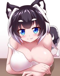 Rule 34 | 1girl, :3, animal ears, bare shoulders, black hair, blue eyes, blush, breasts, cleavage, dog ears, dog girl, dog tail, eyebrows, huge breasts, kiyomi-chan (sivamaron), leaning forward, looking at viewer, multicolored hair, original, short hair, sivamaron, smile, solo, tail, thick eyebrows, two-tone hair, white hair
