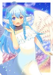 Rule 34 | 1girl, :d, ahoge, bare arms, bare shoulders, blue eyes, blue hair, blue sky, blurry, blurry background, braid, brown eyes, cloud, commentary request, commission, depth of field, dress, feathered wings, frilled dress, frills, hand up, head wings, heterochromia, kou hiyoyo, lens flare, long hair, looking at viewer, open mouth, original, skeb commission, sky, sleeveless, sleeveless dress, smile, solo, sunset, twin braids, very long hair, white dress, white wings, wings