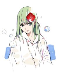 Rule 34 | 1other, androgynous, blue eyes, bubble, enkidu (fate), fate/strange fake, fate (series), flower, green hair, hair flower, hair ornament, hibiscus, hood, hoodie, jacket, long hair, morii shizuki, other focus, smile, solo, very long hair, white jacket