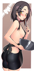 Rule 34 | 1girl, :p, alternate costume, apron, ass, bare arms, bare shoulders, bike shorts, black apron, black hair, black shorts, blush, border, bowl, breasts, brown background, chocolate, commentary request, cowboy shot, forehead, gradient hair, hair ornament, hairclip, hand up, highres, holding, holding bowl, kantai collection, kuroshio (kancolle), looking at viewer, medium breasts, mixing bowl, multicolored hair, nearly naked apron, outline, outside border, pink hair, red hair, short hair, short shorts, shorts, sideboob, simple background, smile, solo, standing, streaked hair, taketora suzume, thighs, tongue, tongue out, white border, white outline, yellow eyes