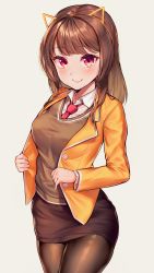Rule 34 | 1girl, animal ears, bad id, bad pixiv id, black pantyhose, blush, brown hair, brown skirt, buttons, closed mouth, collared shirt, commentary request, eyelashes, fake animal ears, hairband, highres, long hair, looking at viewer, naingnaing, open clothes, orange hairband, original, pantyhose, red eyes, red neckwear, school uniform, shirt, simple background, skirt, smile, solo, uniform, white background, white shirt