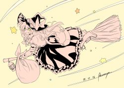 Rule 34 | 1girl, azumaya toushirou, bag, boots, broom, broom riding, commentary request, dated, from side, hat, highres, kirisame marisa, lamp, long hair, long skirt, looking at viewer, sack, signature, skirt, solo, star (symbol), touhou, traditional media, witch hat, yellow background