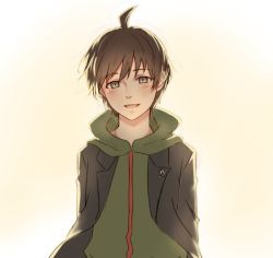 Rule 34 | 1boy, :d, ahoge, black jacket, blush, brown eyes, brown hair, danganronpa: trigger happy havoc, danganronpa (series), green hoodie, hood, hood down, hoodie, jacket, looking at viewer, male focus, meipoi, open clothes, open jacket, open mouth, short hair, simple background, smile, solo, upper body