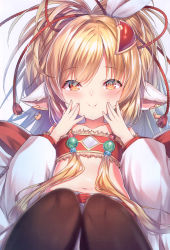 Rule 34 | 1girl, absurdres, blonde hair, blush, closed mouth, earrings, feathers, flat chest, fur trim, granblue fantasy, hair ornament, hands up, harvin, highres, jewelry, long hair, looking at viewer, mahira (granblue fantasy), navel, orange eyes, pantyhose, pointy ears, scan, sidelocks, simple background, smile, solo, stomach, topia, white background