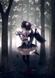 Rule 34 | 1girl, black feathers, black hair, black skirt, black thighhighs, black wings, blurry, blurry background, dise (psychoro), falling feathers, feathered wings, feathers, forest, from behind, full body, geta, hat, highres, holding, holding notebook, miniskirt, nature, notebook, outdoors, pom pom (clothes), red eyes, red hat, shameimaru aya, shirt, short hair, skirt, solo, tengu-geta, thighhighs, tokin hat, touhou, white shirt, wings, wrist cuffs, writing