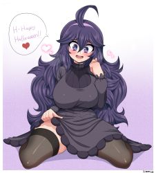 Rule 34 | 1girl, absurdres, ahoge, alternate breast size, black dress, black thighhighs, blush, border, breasts, clothes lift, creatures (company), dress, dress lift, game freak, gradient background, hair between eyes, hairband, hex maniac (pokemon), highres, large breasts, long hair, long sleeves, matching hair/eyes, nintendo, open mouth, pokemon, pokemon xy, purple background, purple eyes, purple hair, simmsy, sitting, smile, solo, speech bubble, sweat, teeth, thighhighs, tongue, turtleneck, upper teeth only, wariza, white background, white border