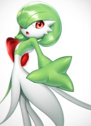 Rule 34 | 1girl, arched back, bob cut, colored skin, creatures (company), female focus, flat chest, foreshortening, from side, game freak, gardevoir, gen 3 pokemon, gradient background, green hair, green skin, hair over one eye, looking at viewer, lotosu, multicolored skin, nintendo, open mouth, outstretched arm, outstretched hand, pokemon, pokemon (creature), reaching, reaching towards viewer, red eyes, shiny skin, short hair, simple background, solo, standing, two-tone skin, white background, white skin