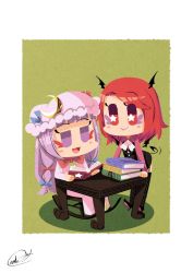 Rule 34 | 2girls, :&gt;, alternate costume, black footwear, black skirt, black vest, blue bow, blue ribbon, blush stickers, book, book stack, border, bow, bowtie, carte, chair, chibi, commentary request, crescent hat ornament, demon tail, demon wings, detached wings, dress, eyeshadow, fangs, fangs out, fishnet legwear, fishnets, full body, garter belt, green background, hair bow, hat, hat ribbon, head wings, high heels, highres, holding, holding book, koakuma, long hair, long sleeves, makeup, mob cap, multiple girls, open mouth, patchouli knowledge, pink dress, pink headwear, purple eyes, purple eyeshadow, purple hair, red bow, red eyes, red eyeshadow, red hair, red neckwear, red ribbon, red shirt, ribbon, rocking chair, shirt, shoes, signature, skirt, smile, solid oval eyes, star-shaped pupils, star (symbol), symbol-shaped pupils, table, tail, thighhighs, touhou, vest, white border, white neckwear, wings
