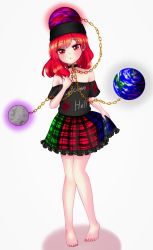 Rule 34 | 1girl, barefoot, black choker, black shirt, chain, choker, clothes writing, earth (ornament), full body, hecatia lapislazuli, looking at viewer, moon (ornament), multicolored clothes, multicolored skirt, nail polish, open mouth, plaid, plaid skirt, red eyes, red nails, shirt, simple background, skirt, solo, standing, t-shirt, touhou, utagi 0216, white background
