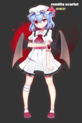 Rule 34 | 1girl, artist name, ascot, bandages, bandage over one eye, bandaged arm, bandaged leg, bat wings, blood, blood on arm, blood on face, blue hair, character name, dress, full body, hat, hat ribbon, looking at viewer, mob cap, papo, puffy sleeves, red eyes, remilia scarlet, ribbon, sash, shoes, short hair, short sleeves, simple background, solo, touhou, wings