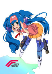 Rule 34 | 1girl, armor, armored boots, bent over, blue eyes, blue hair, blush, boots, full body, holster, klan klein, looking at viewer, macross, macross frontier, matching hair/eyes, okiura, orange skirt, parody, pleated skirt, sidelocks, simple background, skirt, solo, strike witches, striker unit, thigh boots, thigh holster, thighhighs, white background, world witches series, zettai ryouiki