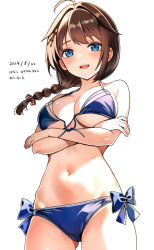 Rule 34 | 1girl, ahoge, bare arms, bare legs, bare shoulders, bikini, blue bikini, blue eyes, blush, braid, breasts, brown hair, cowboy shot, dated, hair flaps, hanako (peanut), highres, kantai collection, large breasts, long hair, looking at viewer, navel, open mouth, shigure (kancolle), shigure kai san (kancolle), simple background, single braid, smile, solo, swimsuit, white background