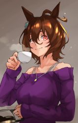 Rule 34 | 1girl, absurdres, agnes tachyon (umamusume), ahoge, alternate costume, animal ears, bra strap, breasts, brown hair, casual, closed mouth, coffee cup, coffee pot, collarbone, cup, disposable cup, hair between eyes, highres, holding, holding cup, horse ears, horse girl, jewelry, large breasts, looking at viewer, necklace, off-shoulder sweater, off shoulder, purple sweater, red eyes, short hair, smile, solo, sweater, tanabe (fueisei), umamusume, upper body
