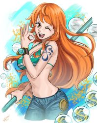 Rule 34 | 1girl, bikini, bracelet, breasts, brown eyes, commentary request, earrings, fujitachobi, highres, jewelry, large breasts, long hair, looking at viewer, nami (one piece), one piece, open mouth, orange hair, smile, solo, swimsuit, tattoo, teeth