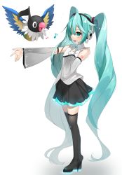 Rule 34 | 1girl, :d, absurdres, arm tattoo, bare shoulders, black skirt, blush, boots, chatot, commentary, creatures (company), crossover, detached sleeves, eyelashes, full body, game freak, gen 4 pokemon, green eyes, green hair, hair tie, hatsune miku, hatsune miku (nt), highres, long hair, musical note, nintendo, open mouth, outstretched arm, pleated skirt, pokemon, pokemon (creature), reirou (chokoonnpu), shirt, skirt, sleeveless, sleeveless shirt, smile, standing, symbol-only commentary, tattoo, thigh boots, thighhighs, twintails, very long hair, vocaloid, white background