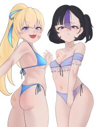 Rule 34 | 2girls, absurdres, ass, bikini, black hair, blonde hair, blue bikini, blue eyes, breasts, cchiii, closed mouth, fang, goddess of victory: nikke, hair between eyes, high ponytail, highres, holding hands, interlocked fingers, laplace (nikke), long hair, looking at viewer, mole, mole under eye, multicolored hair, multiple girls, navel, open mouth, purple bikini, purple eyes, purple hair, short hair, side-tie bikini bottom, simple background, small breasts, smile, streaked hair, swimsuit, syuen (nikke), white background