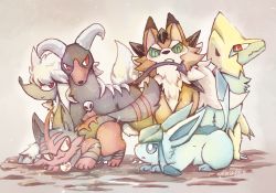 Rule 34 | bright pupils, creatures (company), fang, fang out, full body, furfrou, furfrou (natural), game freak, gen 2 pokemon, gen 3 pokemon, gen 4 pokemon, gen 6 pokemon, gen 7 pokemon, glaceon, gradient background, grey background, houndoom, lycanroc, lycanroc (dusk), manectric, nintendo, pokemon, pokemon (creature), ringed eyes, torracat, wavy mouth