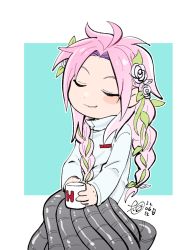Rule 34 | 1boy, braid, closed mouth, cup, flower, hair flower, hair ornament, hatsutori hajime, holding, holding cup, industrial pipe, long hair, long sleeves, male focus, missing limb, mug, multicolored background, parted bangs, pink hair, rose, saibou shinkyoku, shirt, smile, solo, spoilers, twin braids, two-tone background, white flower, white rose, white shirt, yobimasen