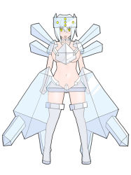 Rule 34 | 1girl, armor, bikini armor, blue armor, blue hair, blue thighhighs, blush, boxing gloves, breasts, choker, collarbone, creatures (company), furuaki, game freak, gen 3 pokemon, gloves, headpiece, ice, large breasts, legendary pokemon, looking at viewer, midriff, navel, nintendo, open mouth, personification, pokemon, pokemon rse, regice, short hair, shoulder pads, smile, standing, thighhighs, white background, yellow eyes