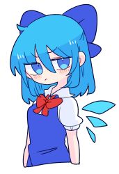 Rule 34 | 1girl, blue bow, blue dress, blue eyes, blue hair, bow, cirno, collared shirt, dress, flat chest, hair bow, highres, ice, ice wings, neck ribbon, op na yarou, pinafore dress, puffy short sleeves, puffy sleeves, red ribbon, ribbon, shirt, short hair, short sleeves, simple background, sleeveless dress, solo, touhou, white background, white shirt, wings