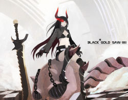Rule 34 | 10s, 1girl, bikini, bikini top only, black gold saw, black hair, black rock shooter, boots, chain, character name, elrowa, female focus, glowing, glowing eyes, gradient background, highres, horns, king saw, long hair, looking at viewer, navel, pale skin, red eyes, shorts, sitting, skull, solo, swimsuit, thighhighs, white background