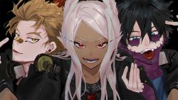 Rule 34 | 1girl, 2boys, animal ears, bandaid, bandaid on face, bandaid on nose, black hair, black shirt, blonde hair, blue eyes, boku no hero academia, burn scar, dabi (boku no hero academia), dark-skinned female, dark skin, ear piercing, earrings, face, facial hair, facial mark, feathered wings, feathers, goatee, hawks (boku no hero academia), headphones, headphones around neck, jacket, jewelry, long eyelashes, long hair, looking at viewer, messy hair, mirko, mm39572, multiple boys, multiple scars, open mouth, parted bangs, piercing, pointing, pointing at self, rabbit ears, rabbit girl, red eyes, red feathers, red wings, scar, scar on face, shirt, short hair, spiked hair, stubble, stud earrings, tongue, tongue out, v-shaped eyebrows, white hair, wings, yellow eyes