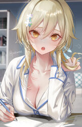 Rule 34 | 1girl, absurdres, blonde hair, blush, book, bra, bra peek, breasts, cleavage, collarbone, commentary request, fingernails, genshin impact, hair between eyes, hair ornament, hairclip, hand in own hair, hand up, highres, holding, holding pencil, indoors, large breasts, long sleeves, looking at viewer, lumine (genshin impact), mechanical pencil, medium hair, open book, open mouth, pencil, pottsness, shirt, sidelocks, solo, sweatdrop, teeth, twitter username, underwear, upper body, upper teeth only, white shirt, yellow eyes