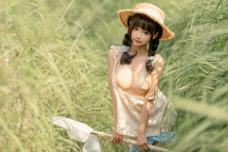 Rule 34 | 1girl, asian, bare shoulders, black eyes, black hair, breasts, chinese (nationality), chunmomo0127, cleavage, clothes lift, dress, grass, hat, highres, knees, large breasts, legs, looking at viewer, net, pasties, photo (medium), pig tail, pigtail braids, sandals, shirt lift, shorts, solo, straw hat, sundress, sunlight, tagme, tail