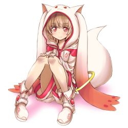 Rule 34 | 10s, 1girl, :3, androgynous, animal hat, animal hood, blonde hair, blush, hands on own knees, hat, highres, hood, hooded jacket, jacket, knees together feet apart, kyubey, looking at viewer, mahou shoujo madoka magica, mahou shoujo madoka magica (anime), personification, red eyes, revision, shirt, shorts, sitting, solo, tanashi (mk2)