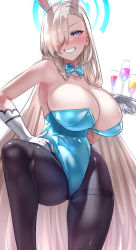Rule 34 | 1girl, animal ears, asuna (blue archive), asuna (bunny) (blue archive), bare shoulders, blue archive, blue eyes, blue leotard, blush, bow, bowtie, breasts, cleavage, detached collar, fake animal ears, gloves, grin, hair over one eye, halo, highres, large breasts, leotard, light brown hair, long hair, looking at viewer, mole, mole on breast, pantyhose, playboy bunny, rabbit ears, smile, solo, strapless, strapless leotard, traditional bowtie, uenoryoma, white gloves
