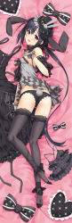 Rule 34 | 1girl, :d, absurdres, animal ears, ass, bare shoulders, bed sheet, black bow, black hair, black panties, black ribbon, black thighhighs, blush, bow, breasts, clothes lift, cura, dakimakura (medium), detached sleeves, feet, frilled pillow, frills, gloves, gothic lolita, grey gloves, grey shirt, hair between eyes, hand on own chest, hand up, hat, hayase fukami, head tilt, heart, heart-shaped pillow, highres, lolita fashion, long hair, looking at viewer, looking back, low twintails, maitetsu, mini hat, mini top hat, no shoes, open mouth, panties, pillow, pleated skirt, puffy short sleeves, puffy sleeves, purple eyes, rabbit ears, rabbit girl, rabbit tail, ribbon, shirt, short sleeves, skirt, skirt lift, sleeveless, sleeveless shirt, small breasts, smile, soles, solo, striped bow, striped clothes, striped headwear, striped panties, striped ribbon, striped skirt, tail, thighhighs, tilted headwear, top hat, twintails, underwear, vertical-striped clothes, vertical-striped headwear, vertical-striped panties, vertical-striped skirt, vertical-stripes, very long hair