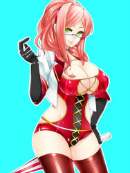 Rule 34 | 1girl, arm up, black gloves, blue background, breasts, choker, cleavage, closed umbrella, fishnets, glasses, gloves, green eyes, jacket, large breasts, original, pink hair, race queen, semi-rimless eyewear, short hair, simple background, smile, solo, thighhighs, umbrella, yutazou